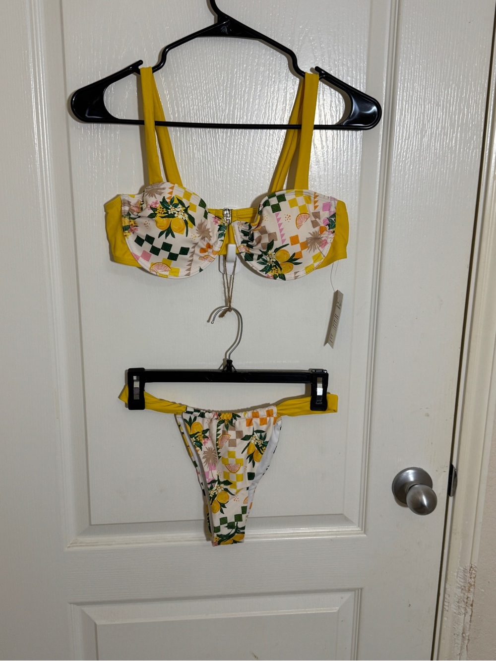 Cupshe Lemon Floral Checker Bikini Set Underwire Cheeky High Leg Swimwear S